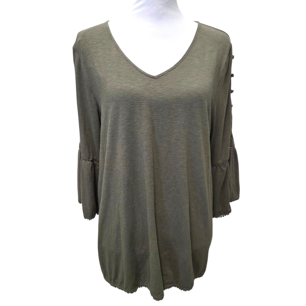 J. Jill Olive Green Women's Top with Button Sleeve Detail Size Large - Picture 2 of 8